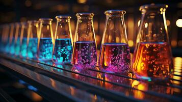 flerfärgad glas kolvar och kolvar med kemisk testa rör i en vetenskaplig medicinsk mikrobiologisk laboratorium med forskning Utrustning foto
