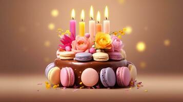 ai generativ födelsedag kaka med ljus på fläck bakgrund rosa dem foto