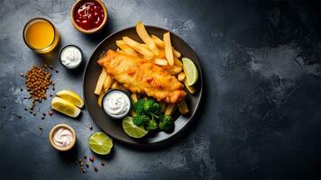 friterad fisk och pommes frites på en vit tallrik på en marmor bakgrund ai genererad foto