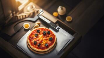 pizza med mozzarella ost, tomater och basilika på en svart trä- bakgrund ai genererad foto