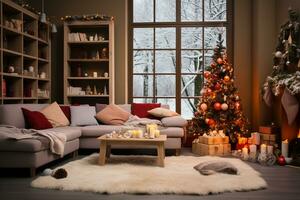 jul levande rum interiör med jul träd, soffa, ljus och dekorationer ai genererad foto