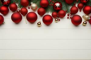 jul bakgrund med gran grenar och grannlåt på en vit bakgrund ai genererad foto