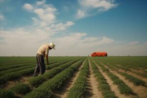 jordbrukare arbetssätt på en vegetabiliska fält i de morgon. begrepp av lantbruk. ai genererad foto