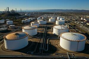 topp se av olja lagring tankar och olja raffinaderi fabrik ai genererad foto