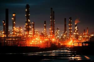 en se av olja raffinaderi under natt, industriell begrepp ai genererad foto