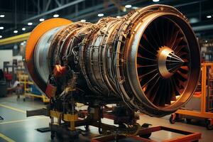 ett ingenjör arbetssätt på turbin motor för kommersiell flygbolag ai genererad foto