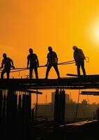 konstruktion arbetare i silhuett arbetssätt på hög stiga byggnad ai genererad foto