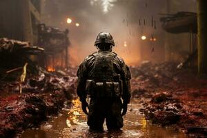 en soldat gående på förstörd krigszon ai genererad foto