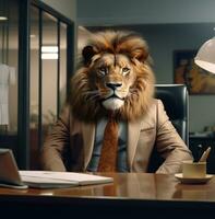 en lejon Sammanträde på en skrivbord kontor, chef dag bilder, ai generativ foto