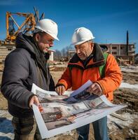 två konstruktion arbetare se på ritningar på konstruktion projekt, industriell maskineri stock foton, ai generativ foto