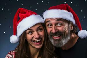 en bild av en man och kvinna bär ny år kläder och santa hattar har roligt och känsla Lycklig tillsammans, ai generativ foto