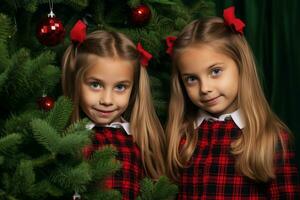 en bild av två flicka tvillingar stående i främre av en jul träd, ai generativ foto