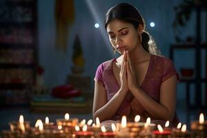 en bild av en kvinna vem Arbetar i ett kontor bön- till Gud under diwali, ai generativ foto