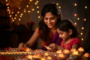 en bild av en mamma och henne barn sätta ut diya lampor på diwali, ai generativ foto