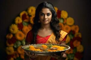 Foto av ett indisk kvinna innehav en puja thali med en diya och ringblomma blommor, ai generativ