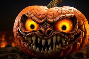 bild av en halloween pumpa med en leende mun och läskigt ögon för en fest på natt, ai generativ foto