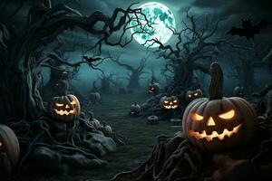 en Foto av en läskigt skog med död- träd och pumpor för halloween de halloween design inkluderar pumpor, ai generativ