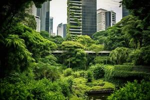 generativ ai aning av en grön stad, terar skyskrapor omslaget i grönskande lövverk foto