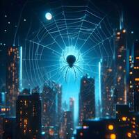 förtjusande nattlig gobeläng, en bländande universum var spindlar väva lysande trådar. ai genererad foto