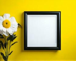 vit tom ram attrapp på gul vägg och blomma ai generera foto
