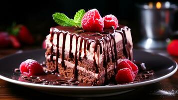 eftergiven gourmet choklad cheesecake med färsk hallon ai generativ foto