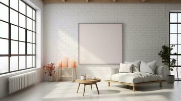en bild av interiör av modern levande rum med vit tegel vägg, soffa och kaffe tabell. falsk upp affisch. 3d tolkning generativ ai foto
