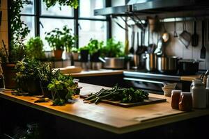 inuti rena kök av en modern restaurang eller mini Kafé med matlagning redskap och små bar disken begrepp förbi ai genererad foto