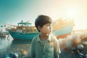 asiatisk pojke utgifterna dag i hamn. generera ai foto