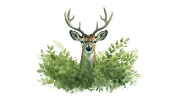 illustration av en rådjur med grön löv, vit bakgrund. ai generativ foto