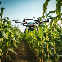 Drönare övervakning gröda och smart lantbruk i en digital jordbruk. ai generativ foto