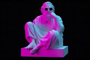 en vit staty av Plato i en Häftigt utgör, bär magenta och cyan 3d glasögon, redo till fest. ai generativ foto