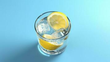 färsk Häftigt citronsaft inuti liten glas med is på blå bakgrund vatten kall juice cocktail Färg. ai generativ foto