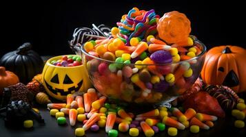 färgrik halloween godis pumpa samling ai generativ foto