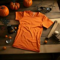 ai genererad en tom orange t - skjorta liggande i en sovande placera på en trä- tabell med halloween ornament foto