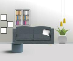 3d levande rum interiör design med soffa, bord och tv eller 3d interiör illustration foto