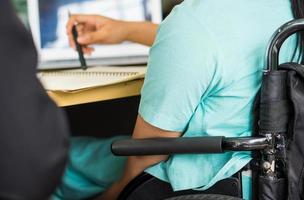 ung handikappad kvinna som sitter i rullstol med kollegor på kontoret foto