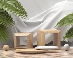 träplattformspodium för produktvisning med palmblad 3d render