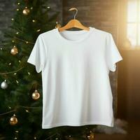 ai genererad vit tom t - skjorta hängande på de jul träd foto