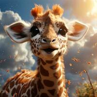 söt bebis giraff med stor ögon och moln av rök på bakgrund. ai generativ foto