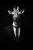 porträtt av en giraff i en kostym och slips på en svart bakgrund. antropomorf giraff.ai generativ foto