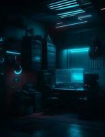 mörk rum med filma studio, datorer, med spotlights, cyberpunk stil illustration foto