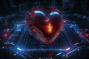 en gui hologram av en trogen mänsklig hjärta, holografiska sci-fi gränssnitt, data rader, vågar, och diagram, filmisk, ai generativ foto