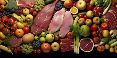 annorlunda typer av kött, grönsaker, och frukt lägga i stormarknader. generativ ai foto