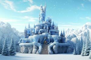 söt blå magi is slott. fantasi snöig landskap. vinter- slott på de fjäll, vinter- skog. ai generativ foto