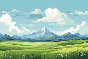 geometrisk berg landskap med moln och en grön fält. ai generativ foto