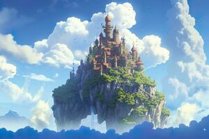 gammal himmelskt flytande ö i de himmel med en slott, vibrerande, fantasypunk, ai generativ foto