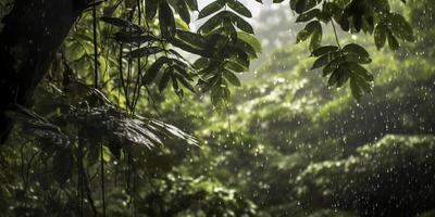 regn falls i en regnskog med de regn droppar. generativ ai foto