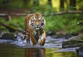 amur tiger gående i de vatten. farlig djur. djur- i en grön skog ström. generativ ai foto