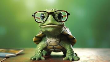 en söt liten grön sköldpadda med glasögon, generera ai foto