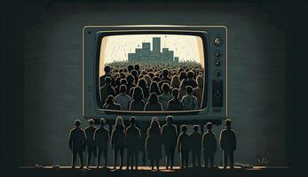 människor folkmassan tittar på tv. TV missbruk, propaganda och falsk Nyheter begrepp. generativ ai foto
